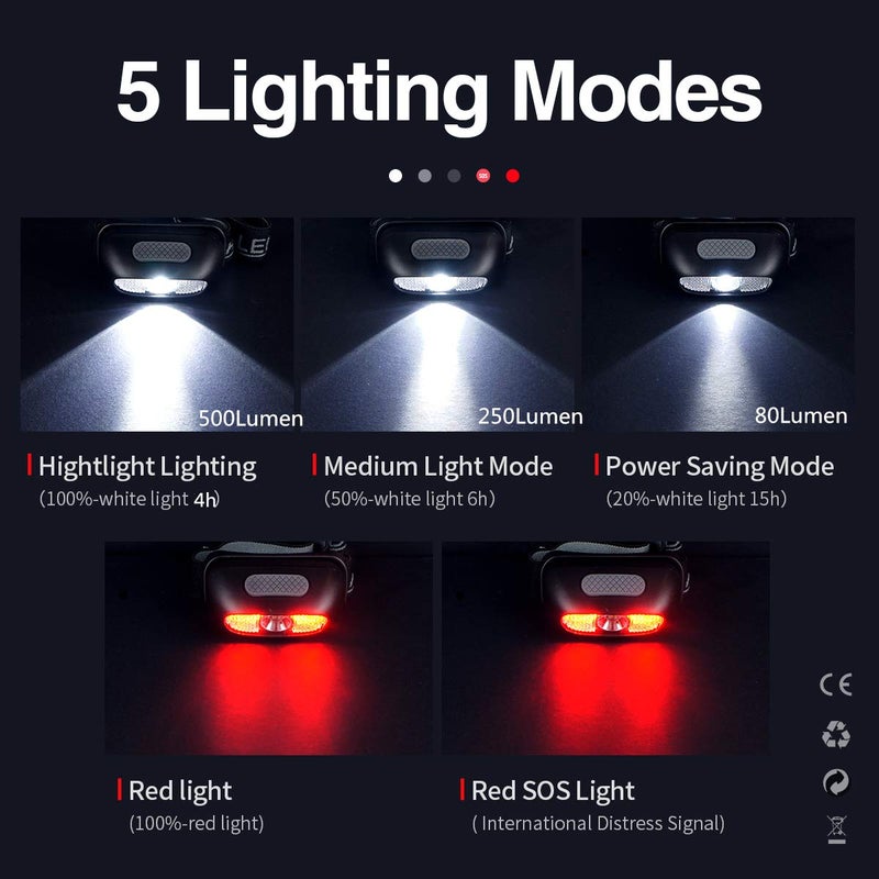 COSMOING Rechargeable Headlamp, 500 Lumen Ultra Bright Head Lamp 5 Lighting Modes with Red Light,IPX4 Waterproof Adjustable Strap Headlamp Flashlight for Adult Emergency, Running, Camping, Cycling - Image 2